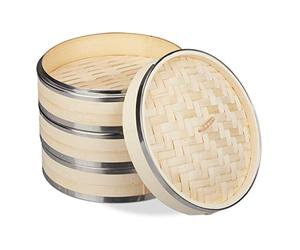 Relaxdays Cuiseur vapeur bambou, 3 niveaux, anneaux en métal, panier asiatique, riz, dimsum, légumes, Ø 24 cm, nature
