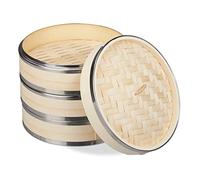 Relaxdays Cuiseur vapeur bambou, 3 niveaux, anneaux en métal, panier asiatique, riz, dimsum, légumes, Ø 24 cm, nature