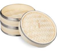 Relaxdays Cuiseur vapeur bambou, 2 niveaux, anneaux en métal, panier asiatique, riz, dimsum, légumes, Ø 24 cm, nature