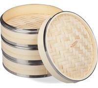 Relaxdays Cuiseur vapeur bambou, 3 niveaux, anneaux en métal, panier asiatique, riz, dimsum, légumes, Ø 24 cm, nature