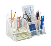 Relaxdays Organiseur de Bureau, Organisateur de Table avec Porte-stylos et tiroir, métal, Maille, 13 x 28 x 14 cm, Blanc
