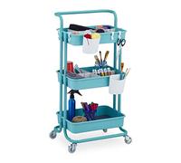 Relaxdays Desserte à roulettes, 3 Niveaux, 2 Freins, Multi-Usage Cuisine et Bureau, métal, HLP : 86x43x42 cm, Turquoise