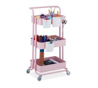 Relaxdays Desserte à roulettes, 3 Niveaux, 2 Freins, Multi-Usage pour Cuisine & Bureau, en métal, HLP : 86x38x39cm, Rose