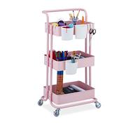 Relaxdays Desserte à roulettes, 3 Niveaux, 2 Freins, Multi-Usage pour Cuisine & Bureau, en métal, HLP : 86x38x39cm, Rose