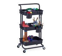 Relaxdays Desserte à roulettes, 3 Niveaux, 2 Freins, Multi-Usage pour Cuisine, Bureau, en métal, HLP : 86x43x42cm, Noir