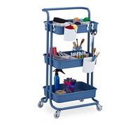 Relaxdays Desserte à roulettes, 3 Niveaux, 2 Freins, Multi-Usage pour Cuisine et Bureau, métal, HLP : 86x43x42cm, Bleu
