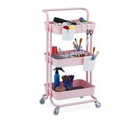 Relaxdays Desserte à roulettes, 3 Niveaux, 2 Freins, Multi-Usage pour Cuisine et Bureau, métal, HLP : 86x43x42cm, Rose