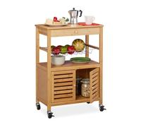 Relaxdays Desserte de Cuisine Bambou, Chariot de Service, Plan Travail, roulettes, HxlxP 82 x 59,5 x 35 cm, Nature, MDF, Acier