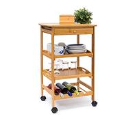 Relaxdays Desserte de cuisine JAMES L en bambou avec 4 roulettes tiroirs chariot rangement pour assiettes bouteilles vin HxlxP: 80,5 x 50 x 37 cm îlot avec 2 tablettes, nature
