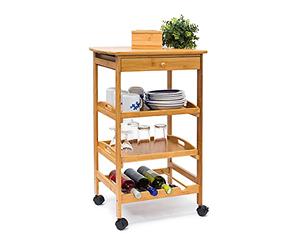 Relaxdays Desserte de cuisine JAMES L en bambou avec 4 roulettes tiroirs chariot rangement pour assiettes bouteilles vin HxlxP: 80,5 x 50 x 37 cm îlot avec 2 tablettes, nature