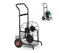 relaxdays Dévidoir Tuyau d’arrosage, 2 connecteurs en Laiton, Jusqu’à 45 m de Long, 2 Roues pneumatiques, métal, Noir