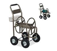 relaxdays Dévidoir Tuyau d’arrosage, Connexion par attelage, Jusqu’à 90 m de Long, Enrouleur avec 4 Roues, métal, Brun