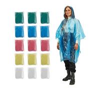 Relaxdays Disposable Rain Poncho, Set of 15, Disposable Rain Cape with Hood, 5 Colours, Emergency Poncho for Men and Women, Colourful, 95 x 120 cm
