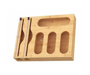 Relaxdays Distributeur 6 en 1 Films Alimentaires, alu, Sacs congélation, Bambou, Mural/tiroir, 43,5x33,5x7,5 cm, Naturel