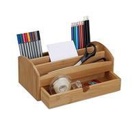 Relaxdays Distributeur De Bureau 4 Compartiments 1 Tiroir Porte-Crayons Bloc-Notes Organiseur Fournitures Hxlxp: 11 X 27, 5 X 15 Cm Bambou, Nature