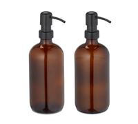 Relaxdays Distributeur de Savon, Lot de 2, Porte-Savon Liquide, Rechargeable, tête de Pompe, 500 ML, Verre, INOX, Marron