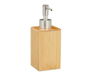 Relaxdays Distributeur de Savon, Rechargeable, Bouteille à Pompe, Bambou & Plastique, 200 ML, Bain, Nature/Argent