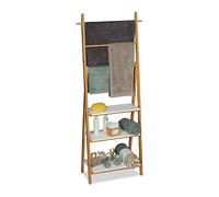 relaxdays Échelle Porte-serviettes, 3 barres, surface rangement, étagère, bambou, MDF, 150x50x30cm, nature blanc, 150 x 50 x 30 cm