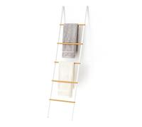 Relaxdays Échelle Porte-Serviettes, 5 Barres spacieuses, Fer et Bambou, H x L x P : 164 x 45 x 2 cm, Blanc et Nature