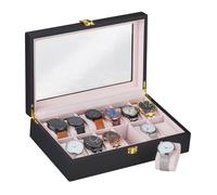 Relaxdays Écrin 12 montres, vitrine verre, coussinet velours, HLP: 8,5 x 31,5 x 21 cm boite montres-bracelet, noir-rose