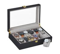 Relaxdays écrin montres 12 boîtiers vitre coussins à montres velours HxLxP : 8,5x31,5x21cm, boîtier montres, noir gris