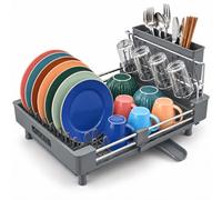 Relaxdays Égouttoir, Panier à Couverts et bac d'égouttage, Gris | égouttoir extensible, cuisine, grille d'égouttage en plastique et acier inoxydable, porte-verres