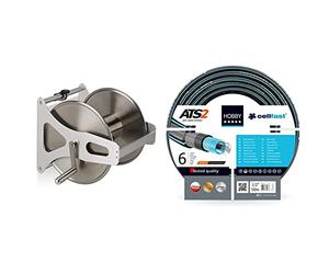 Relaxdays Enrouleur pour tuyau métal, Dévidoir vide, acier inoxydable & aluminium, sol & mur, 30,5x45x36,5 cm, argenté & Cellfast Terra Tuyau d’arrosage Hobby haut de gamme, multicolore