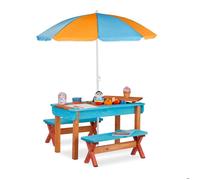 Relaxdays Ensemble chaise et table de jeux enfant jardin, en bois, table, 2 bancs et parasol, meuble extérieur, coloré