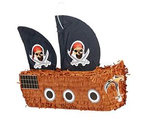 Relaxdays Ensemble de 4 pièces pour piñata « Bateau Pirate », Sac de confettis XXL, bâton pour piñata avec Masque, Multicolore