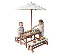 Relaxdays Ensemble de Jardin pour Enfants avec Table, bancs, Parasol et Coussins, Bois Marron, 50 x 89 x 44 cm