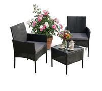 Relaxdays Ensemble Jardin 3 pièces en polyrattan, 2 fauteuils + Table Verre, pour 2 Personnes, extérieur, Noir
