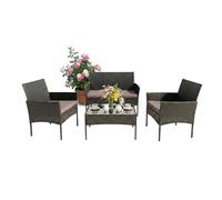Relaxdays Ensemble Jardin 4 pcs, rotin, Noir, canapé 2 Places, 2 fauteuils, Table Verre, 4 pers., extérieur