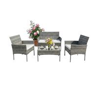 Relaxdays Ensemble Jardin 4 pcs rotin pour 4 Personnes: canapé 2 Places, 2 fauteuils, Table Verre, extérieur, Gris
