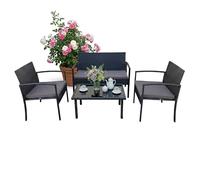 Relaxdays Ensemble Jardin 4 pièces en rotin synthétique, 4 pers., Banquette 2 Places, 2 chaises, Table en Verre, Noir