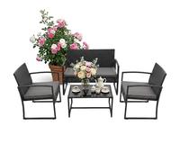 Relaxdays Ensemble Jardin 4 pièces rotin - 4 pers., Banquette 2 Places, 2 chaises & Table Verre, Lounge extérieur Noir