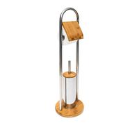 Relaxdays Ensemble porte-brosse WC et porte-rouleau – bambou et inox, brosse plastique, nature