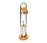Relaxdays Ensemble porte brosse WC support porte rouleau papier toilette en bambou et inox brosse plastique distributeur papier toilette, nature