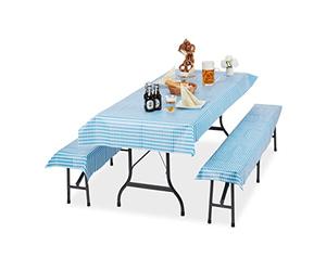Relaxdays Ensemble pour Tente Coussins, Jeu de 3 pièces, Nappe Table 250x100cm, 2 Housses pour bancs, Lavable,Bleu Blanc