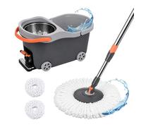 Set de Nettoyage Relaxdays, Seau 16 L avec essoreuse, Chariot à pédale, 29,5x30x50 cm, 2 têtes Microfibre, Gris