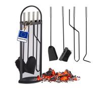 Relaxdays Ensemble serviteur de cheminée 5 pièces support pelle balai pince crochet acier moderne, noir
