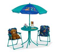 Relaxdays ensemble sièges enfants Camping motif dinosaure avec parasol, chaises pliantes et table, jardin, turquoise