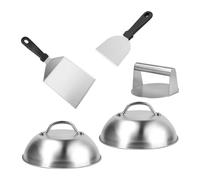 Relaxdays Smash Burger Set, 5 pièces, Presse à Burger, 2 Cloches à Fromage et 2 spatules, Moule à galettes, INOX, Argent