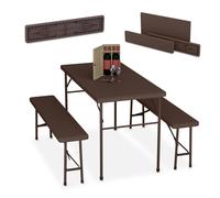 Relaxdays Ensemble Table Pliante et 2 bancs, pour Jardin, pavillon ou Camping, 120 cm, Aspect rotin, Marron