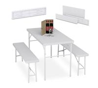 Relaxdays Ensemble Table Pliante et 2 bancs, pour Jardin, pavillon ou Camping, 120 cm, Aspect rotin, Blanc