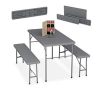 Relaxdays Ensemble Table Pliante et 2 bancs, pour Jardin, pavillon ou Camping, 120 cm, Aspect rotin, Gris
