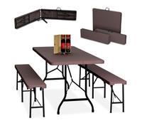 Relaxdays Ensemble table pliante et 2 bancs, pour jardin, pavillon ou camping, 180 cm, pour les fêtes, marron