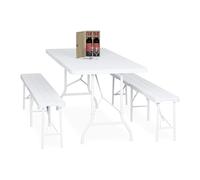 Relaxdays Ensemble Table Pliante et 2 bancs, pour Jardin, pavillon ou Camping, Effet Bois, 180 cm, Blanc