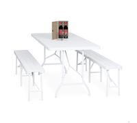 Relaxdays Ensemble table pliante et 2 bancs, pour jardin, pavillon ou camping, effet bois, 180 cm, blanc