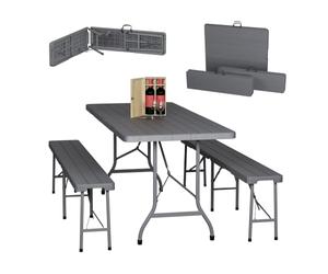 Relaxdays Ensemble Table Pliante et 2 bancs, pour Jardin, pavillon ou Camping, Effet Bois, 180 cm, Gris