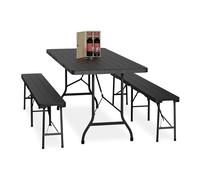 Relaxdays Ensemble Table Pliante et 2 bancs, pour Jardin, pavillon ou Camping, Effet Bois, 180 cm, Noir